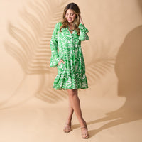 Midi Dress Elia Long Bell Sleeve V-Neck Tiered Skirt