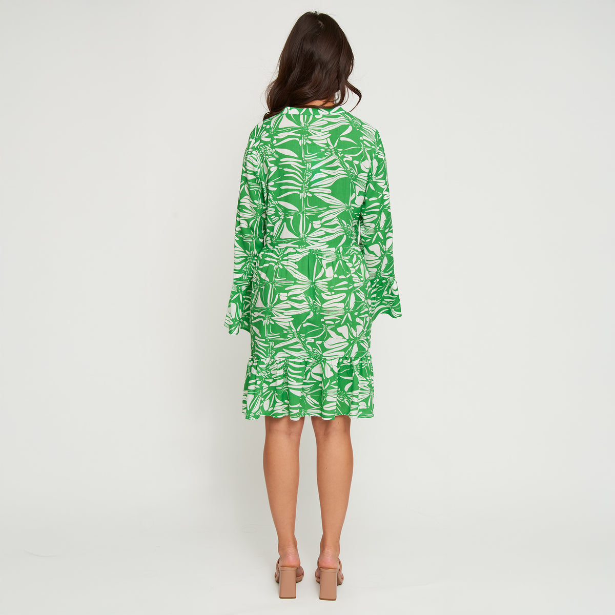 Midi Dress Elia Long Bell Sleeve V-Neck Tiered Skirt