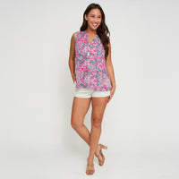 Tank Top Rhea Printed Sleeveless V-Neck Button Placket