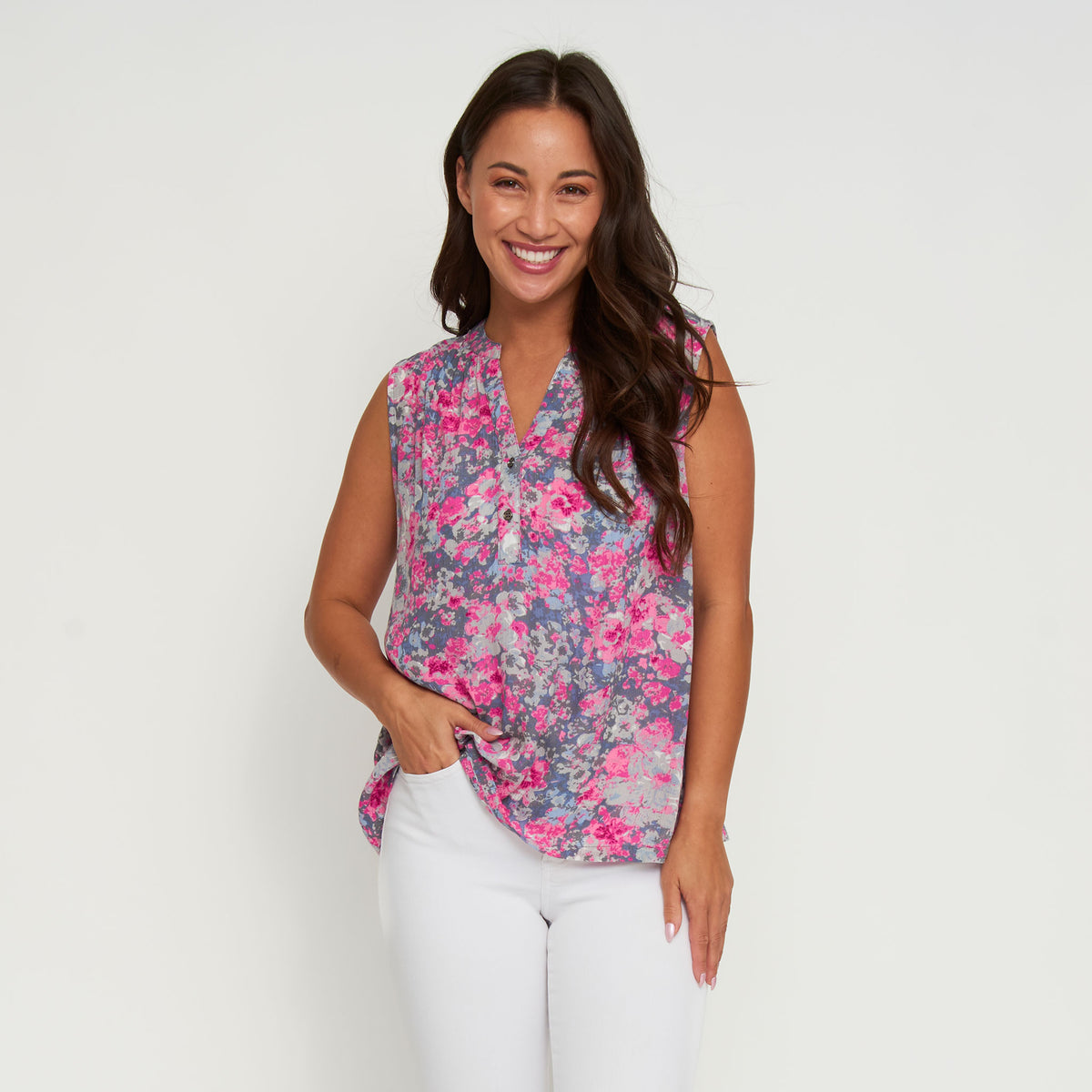 Tank Top Rhea Printed Sleeveless V-Neck Button Placket