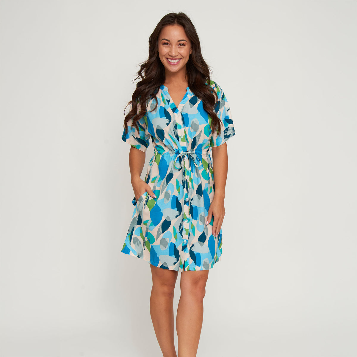Shirt Dress Ayla Short Sleeve V-Neck Tie Waist with Pockets
