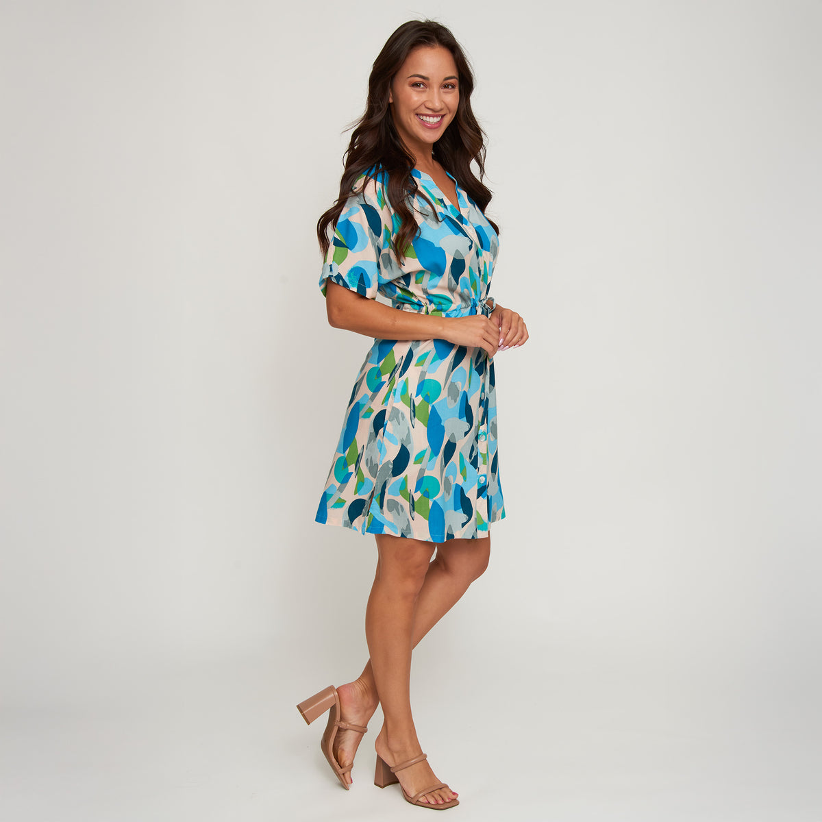 Shirt Dress Ayla Short Sleeve V-Neck Tie Waist with Pockets