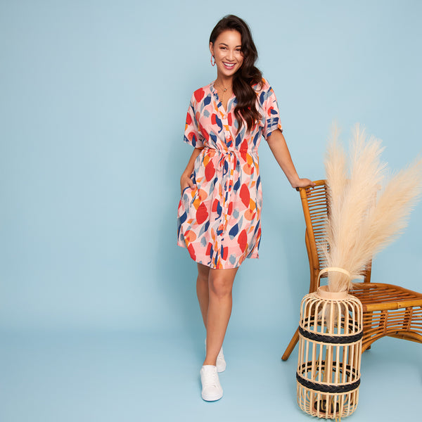 Shirt Dress Ayla Short Sleeve V-Neck Tie Waist with Pockets