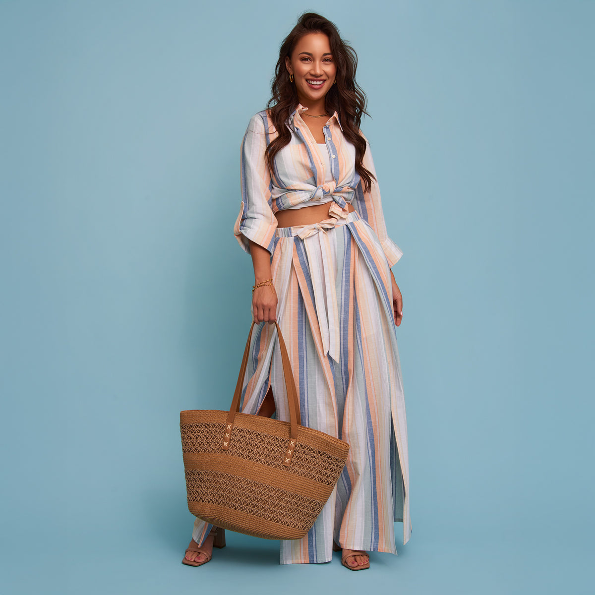 Flare Pant Wynn Open Slit Wdie Leg Striped Tie Waist