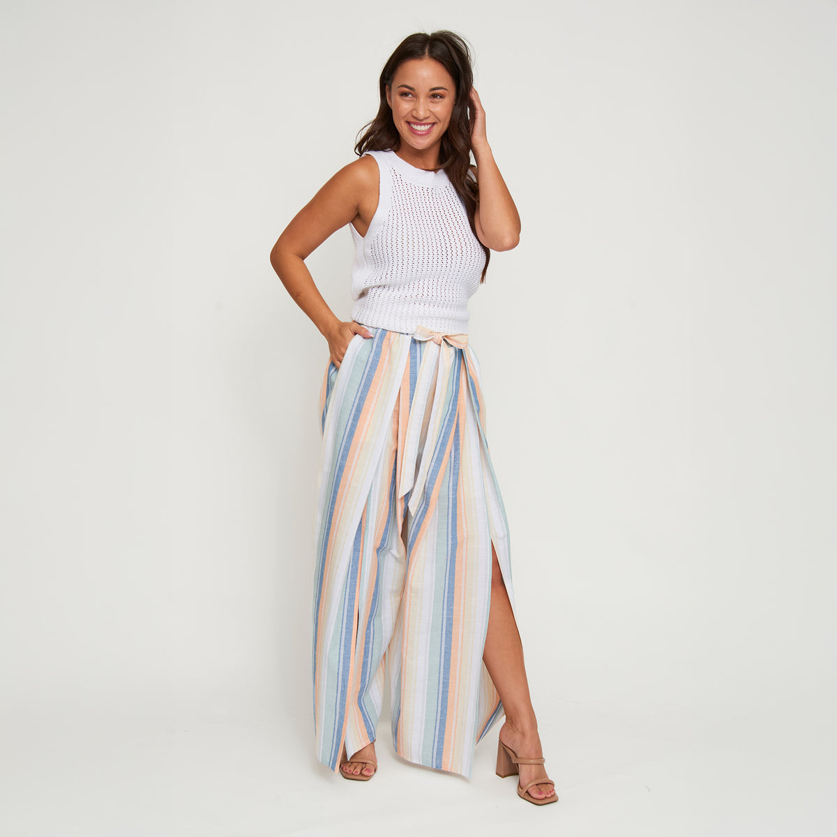 Flare Pant Wynn Open Slit Wdie Leg Striped Tie Waist