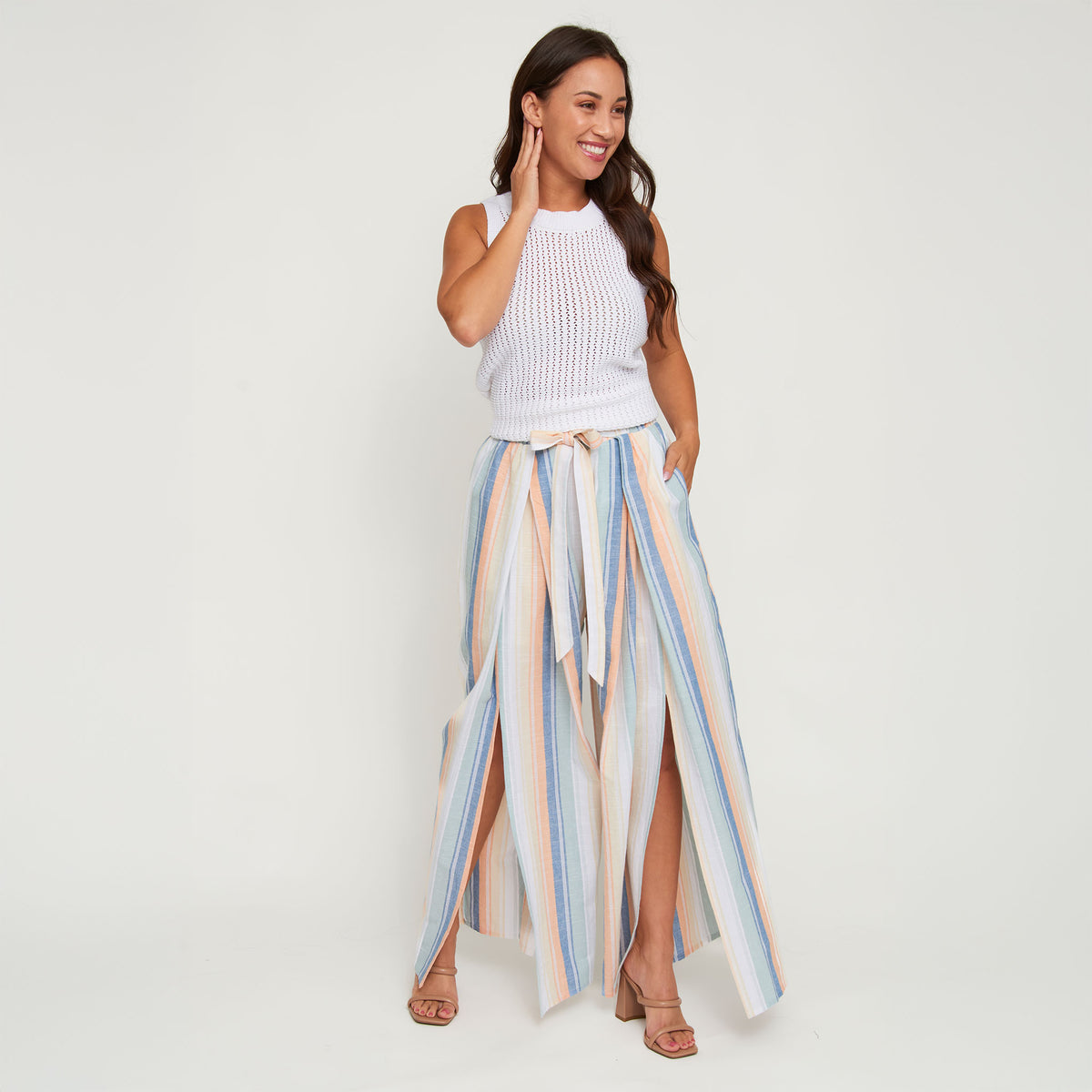 Flare Pant Wynn Open Slit Wdie Leg Striped Tie Waist