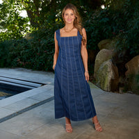 Midi Dress Elle Sleeveless Stretch Denim Square Neck