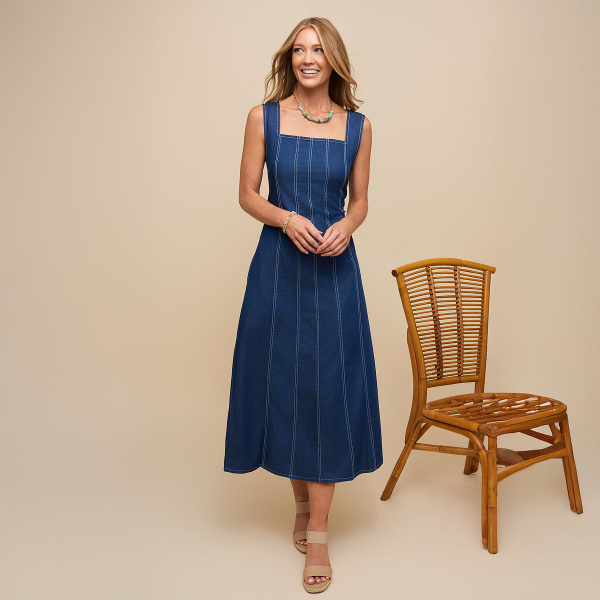 Midi Dress Elle Sleeveless Stretch Denim Square Neck