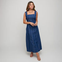 Midi Dress Elle Sleeveless Stretch Denim Square Neck