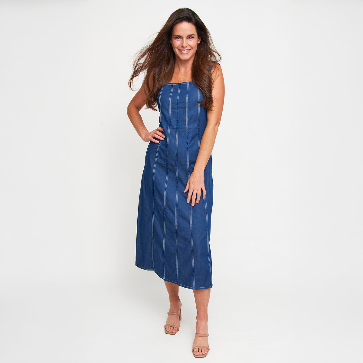 Midi Dress Elle Sleeveless Stretch Denim Square Neck