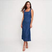 Midi Dress Elle Sleeveless Stretch Denim Square Neck