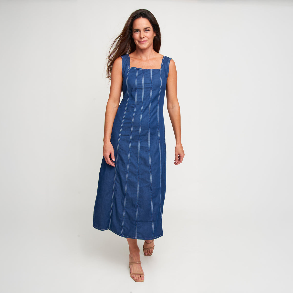 Midi Dress Elle Sleeveless Stretch Denim Square Neck