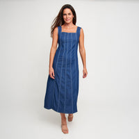 Midi Dress Elle Sleeveless Stretch Denim Square Neck