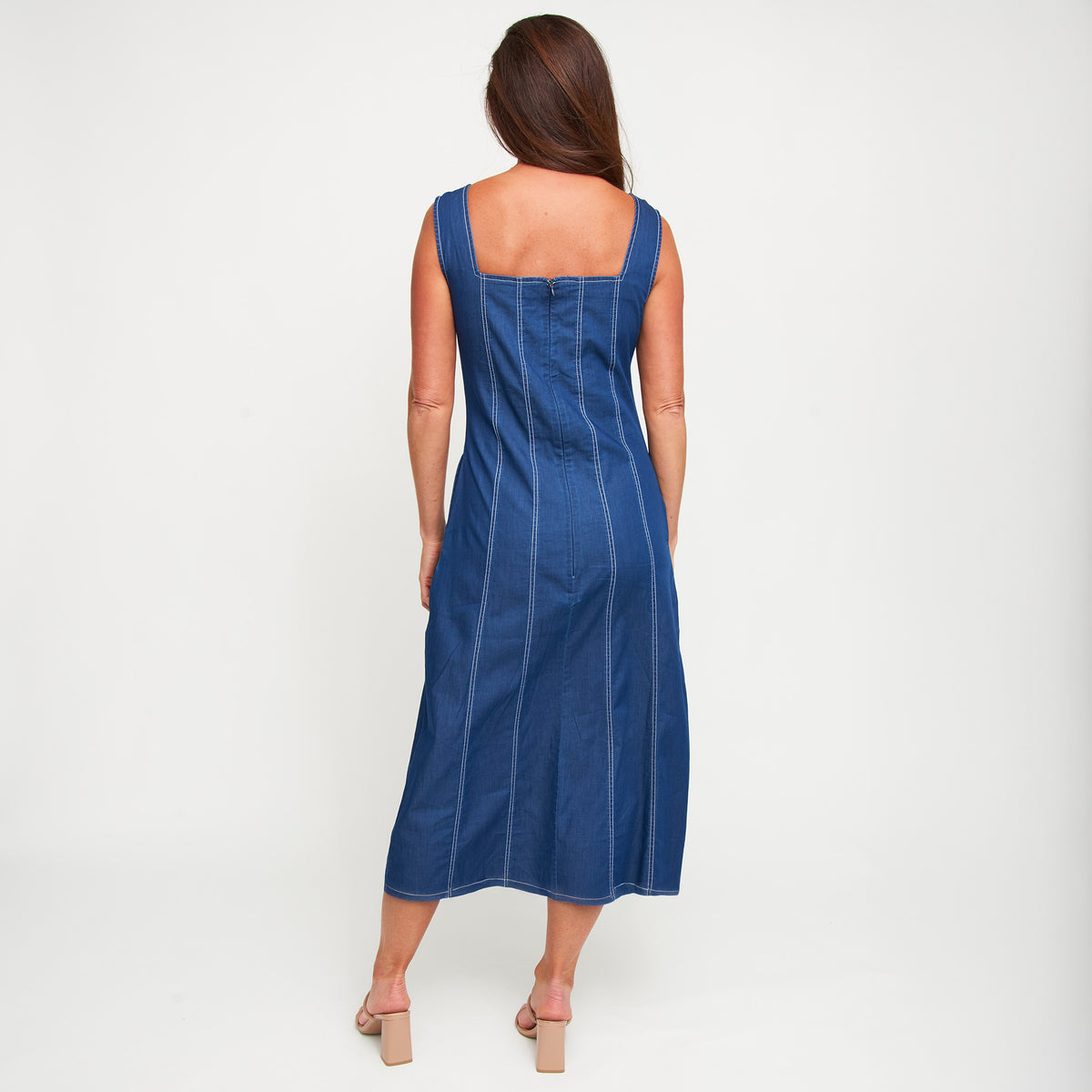 Midi Dress Elle Sleeveless Stretch Denim Square Neck