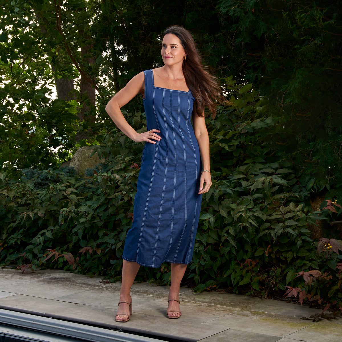 Midi Dress Elle Sleeveless Stretch Denim Square Neck