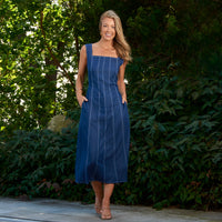 Midi Dress Elle Sleeveless Stretch Denim Square Neck