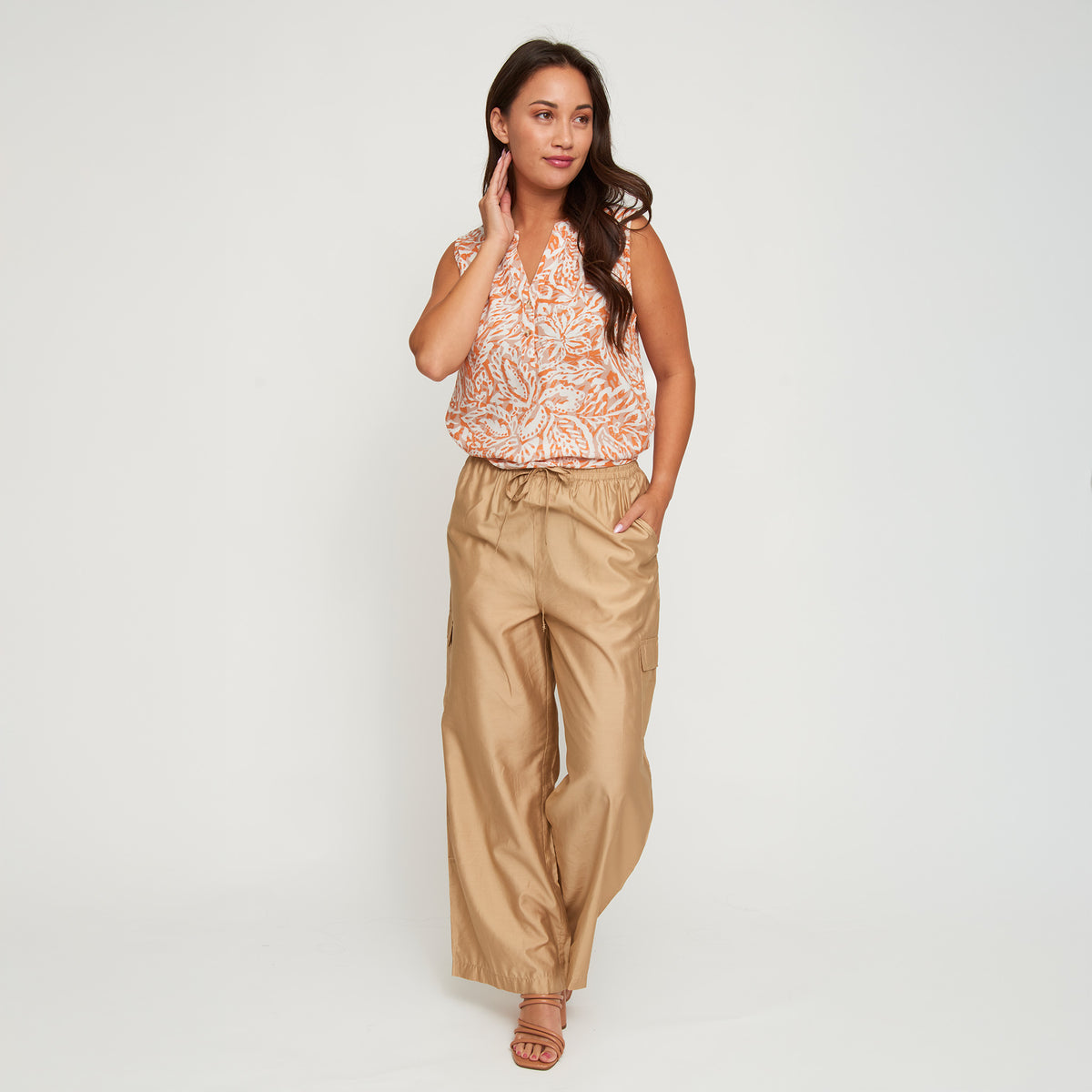 Cargo Pant Laine Wide Leg Elastic Tie Waist with Pockets