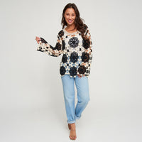 Knit Sweater Blair Long Sleeve Crochet Floral Cotton Blend