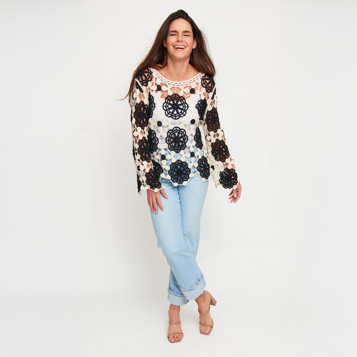 Knit Sweater Blair Long Sleeve Crochet Floral Cotton Blend