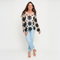 Knit Sweater Blair Long Sleeve Crochet Floral Cotton Blend