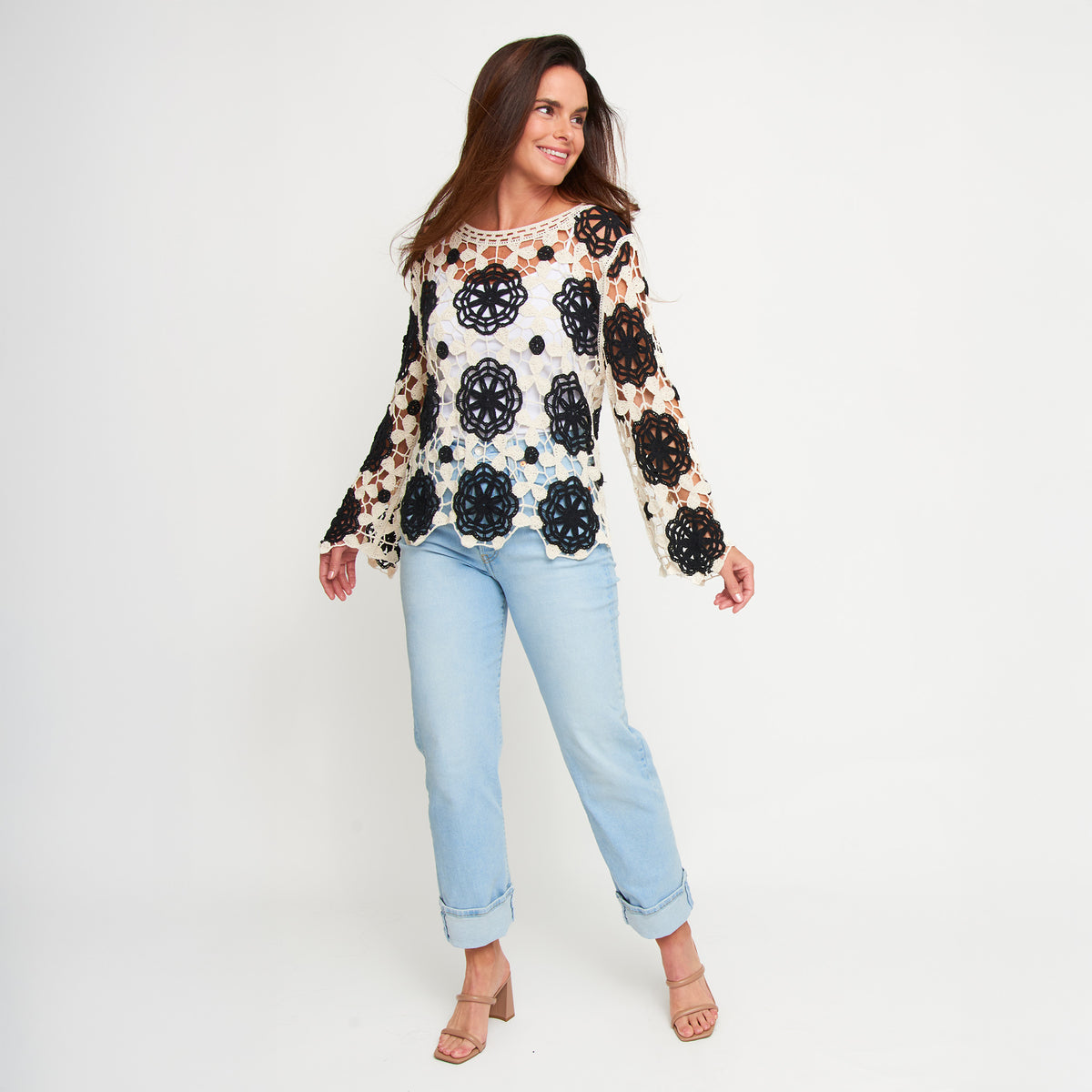 Knit Sweater Blair Long Sleeve Crochet Floral Cotton Blend