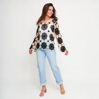 Knit Sweater Blair Long Sleeve Crochet Floral Cotton Blend