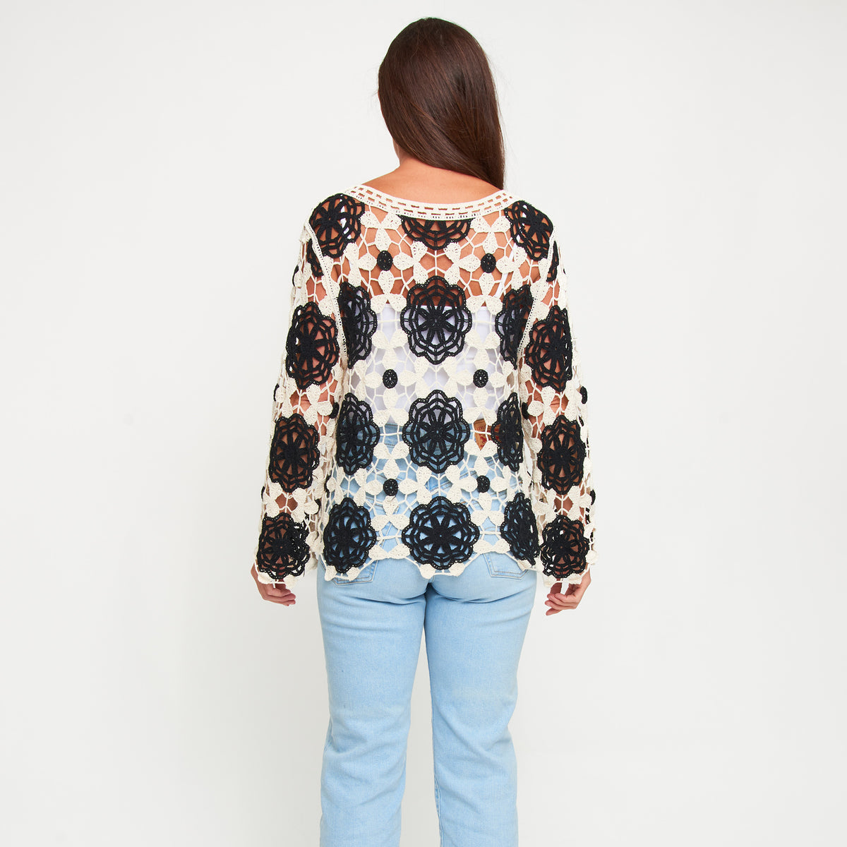 Knit Sweater Blair Long Sleeve Crochet Floral Cotton Blend