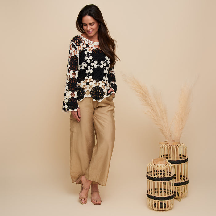 Knit Sweater Blair Long Sleeve Crochet Floral Cotton Blend