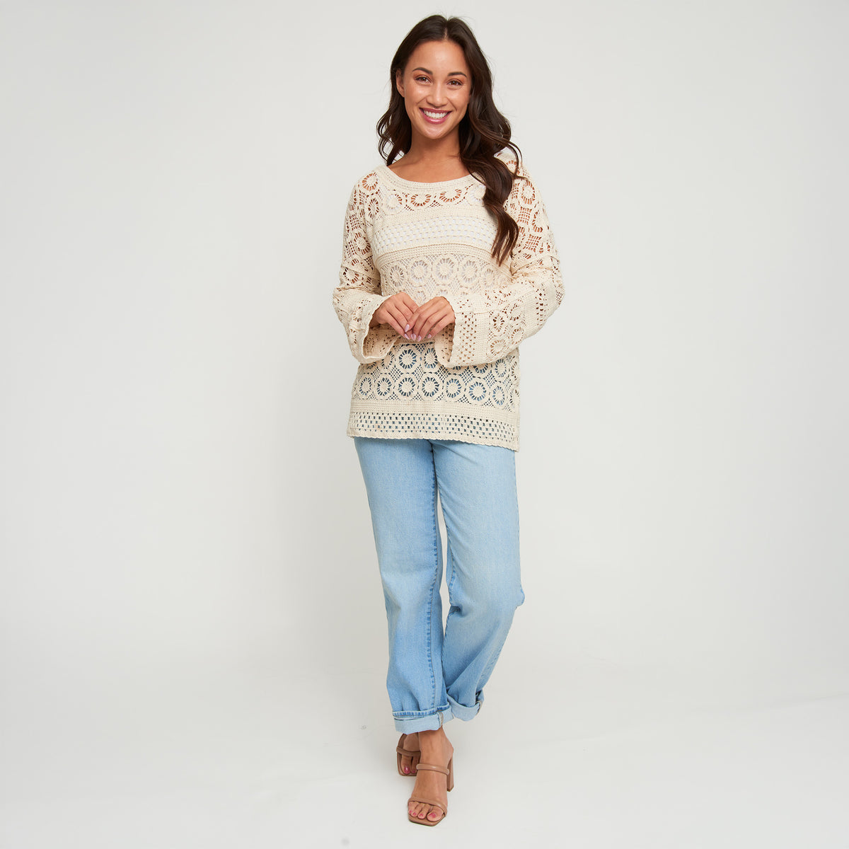 Knit Sweater Florence Long Sleeve Crochet Cotton Blend