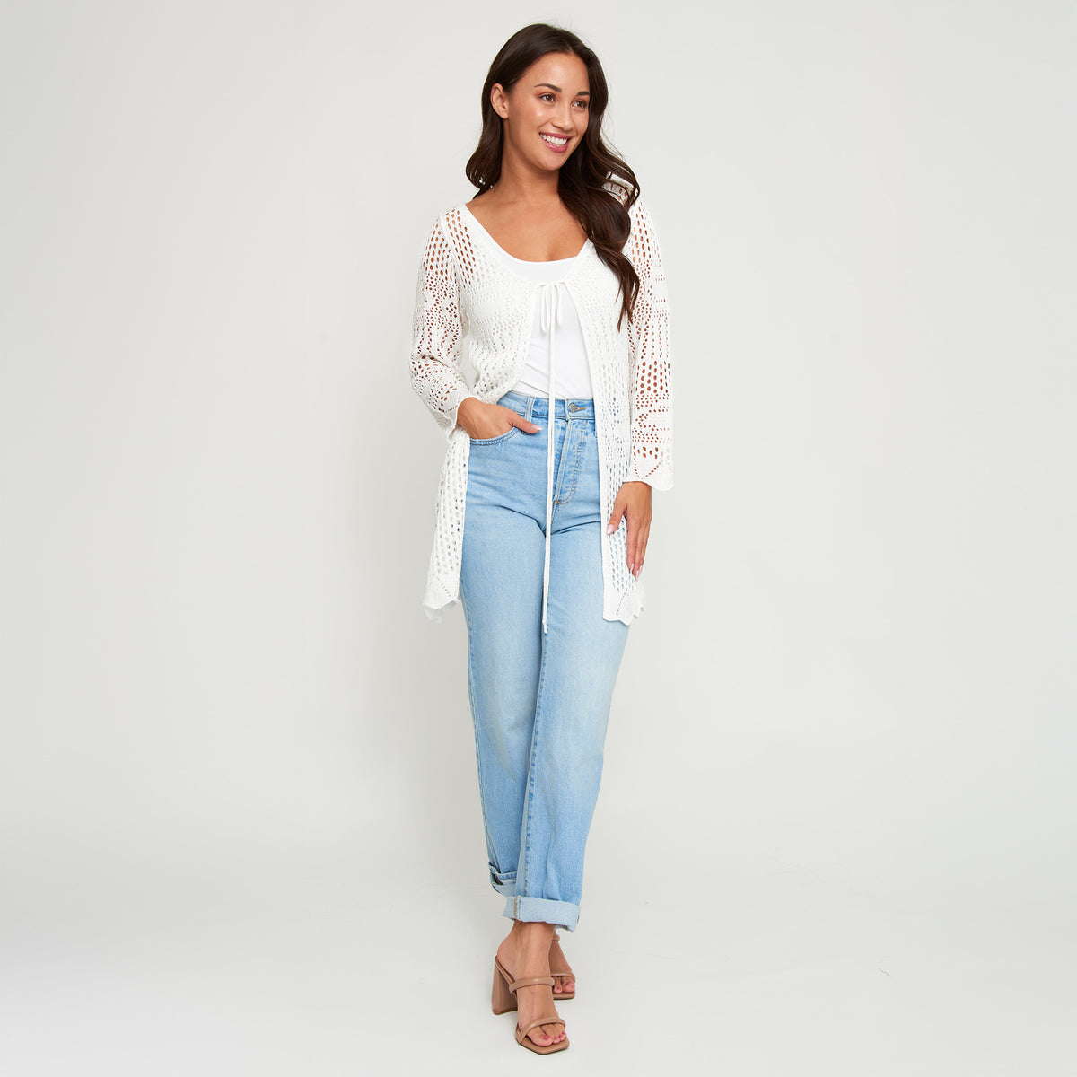 Crochet Cardigan Brie Open Knit Front Tie Long Sleeve