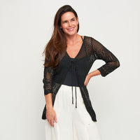 Crochet Cardigan Brie Open Knit Front Tie Long Sleeve