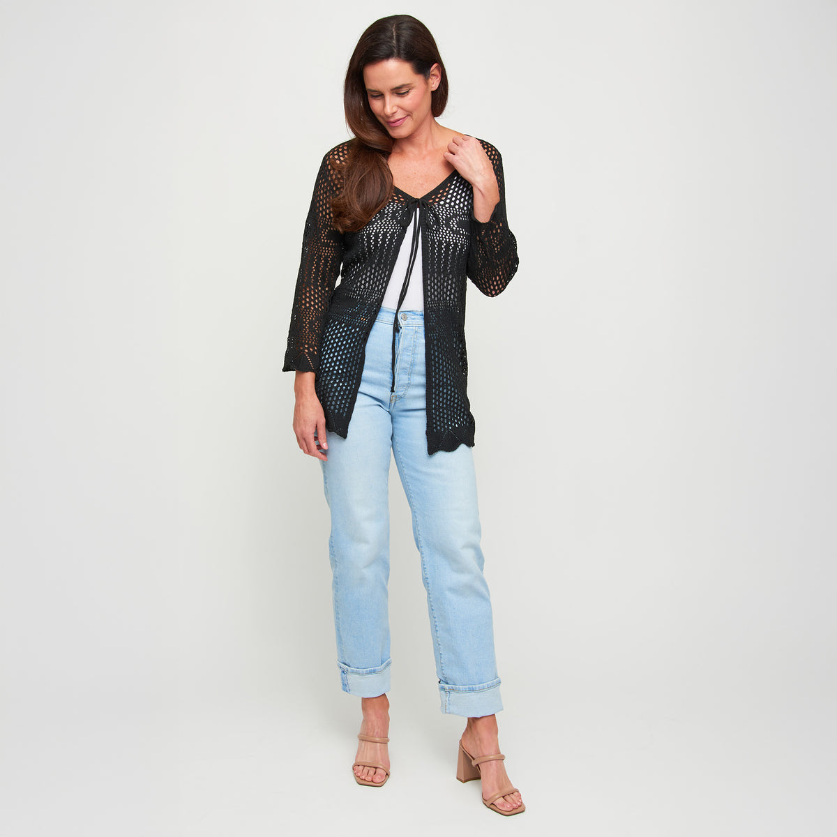 Crochet Cardigan Brie Open Knit Front Tie Long Sleeve