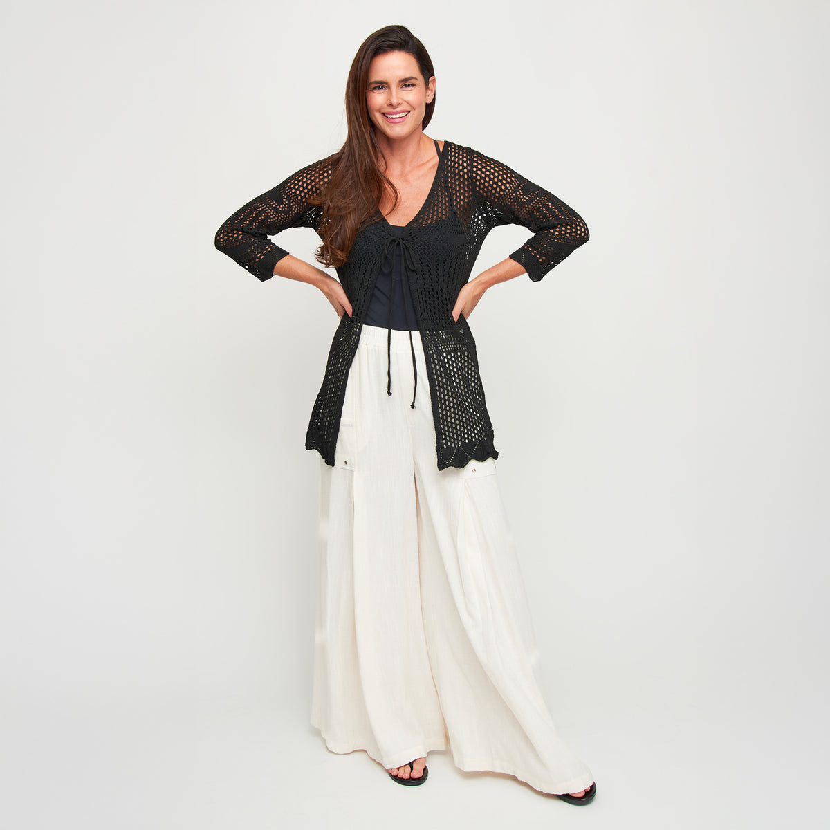 Crochet Cardigan Brie Open Knit Front Tie Long Sleeve