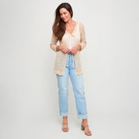 Crochet Cardigan Brie Open Knit Front Tie Long Sleeve