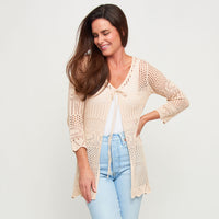 Crochet Cardigan Brie Open Knit Front Tie Long Sleeve