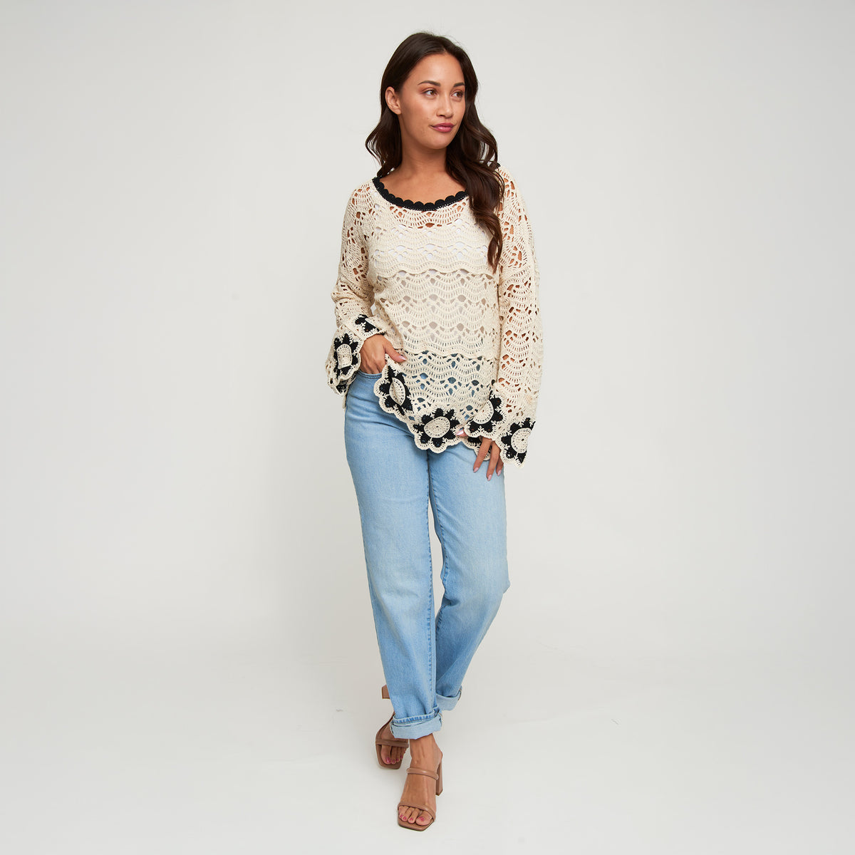 Knit Sweater Faye Floral Crochet Long Sleeve Cotton Blend