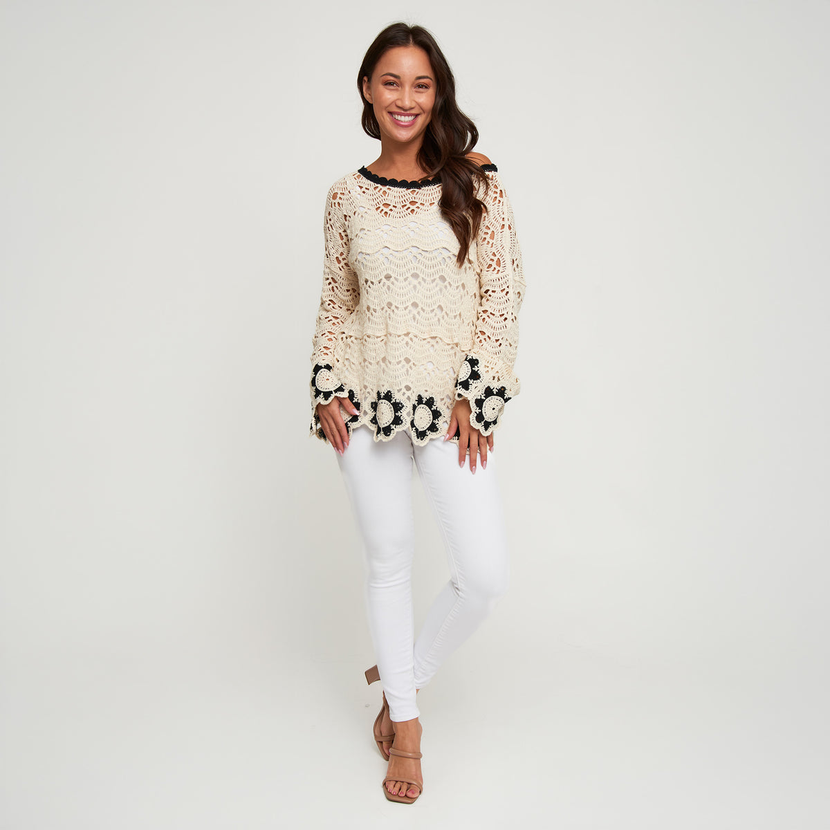 Knit Sweater Faye Floral Crochet Long Sleeve Cotton Blend