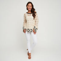 Knit Sweater Faye Floral Crochet Long Sleeve Cotton Blend