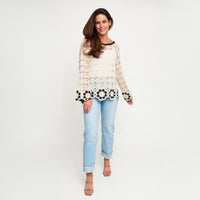 Knit Sweater Faye Floral Crochet Long Sleeve Cotton Blend
