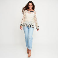 Knit Sweater Faye Floral Crochet Long Sleeve Cotton Blend