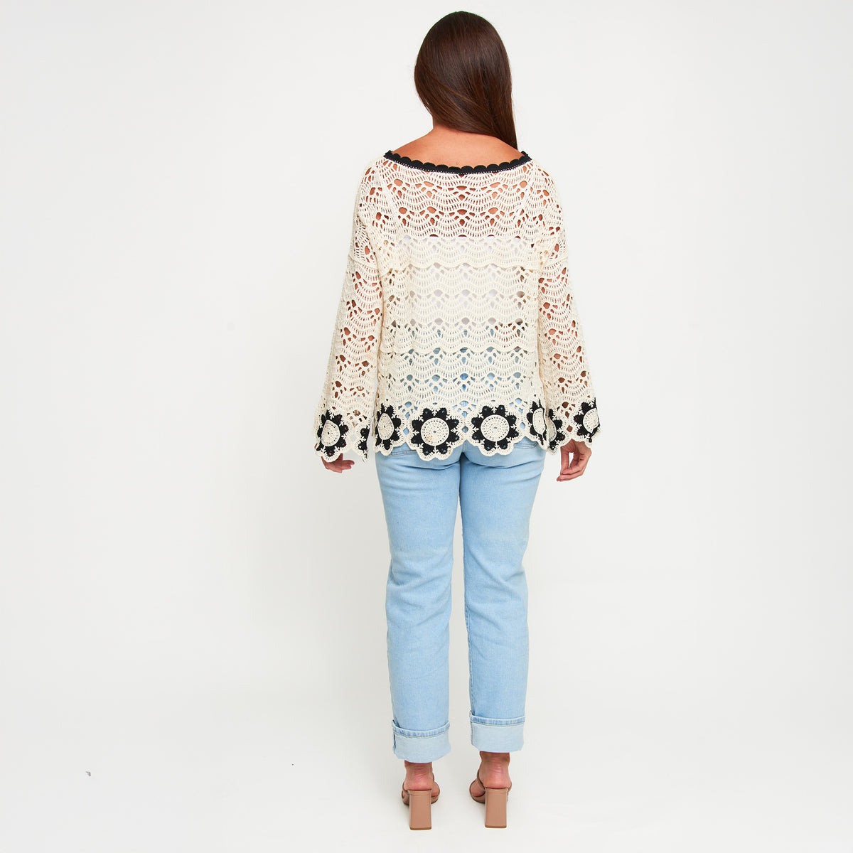 Knit Sweater Faye Floral Crochet Long Sleeve Cotton Blend