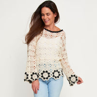 Knit Sweater Faye Floral Crochet Long Sleeve Cotton Blend