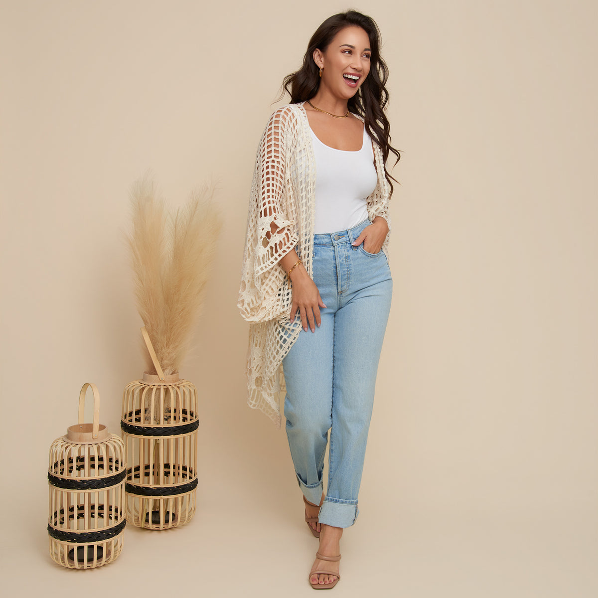 Knit Cardigan Iris Open Crochet Kimono Cotton Cover Up