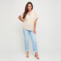 Hoodie Top Carlie Waffle Knit Short Sleeve Shirt with Hood