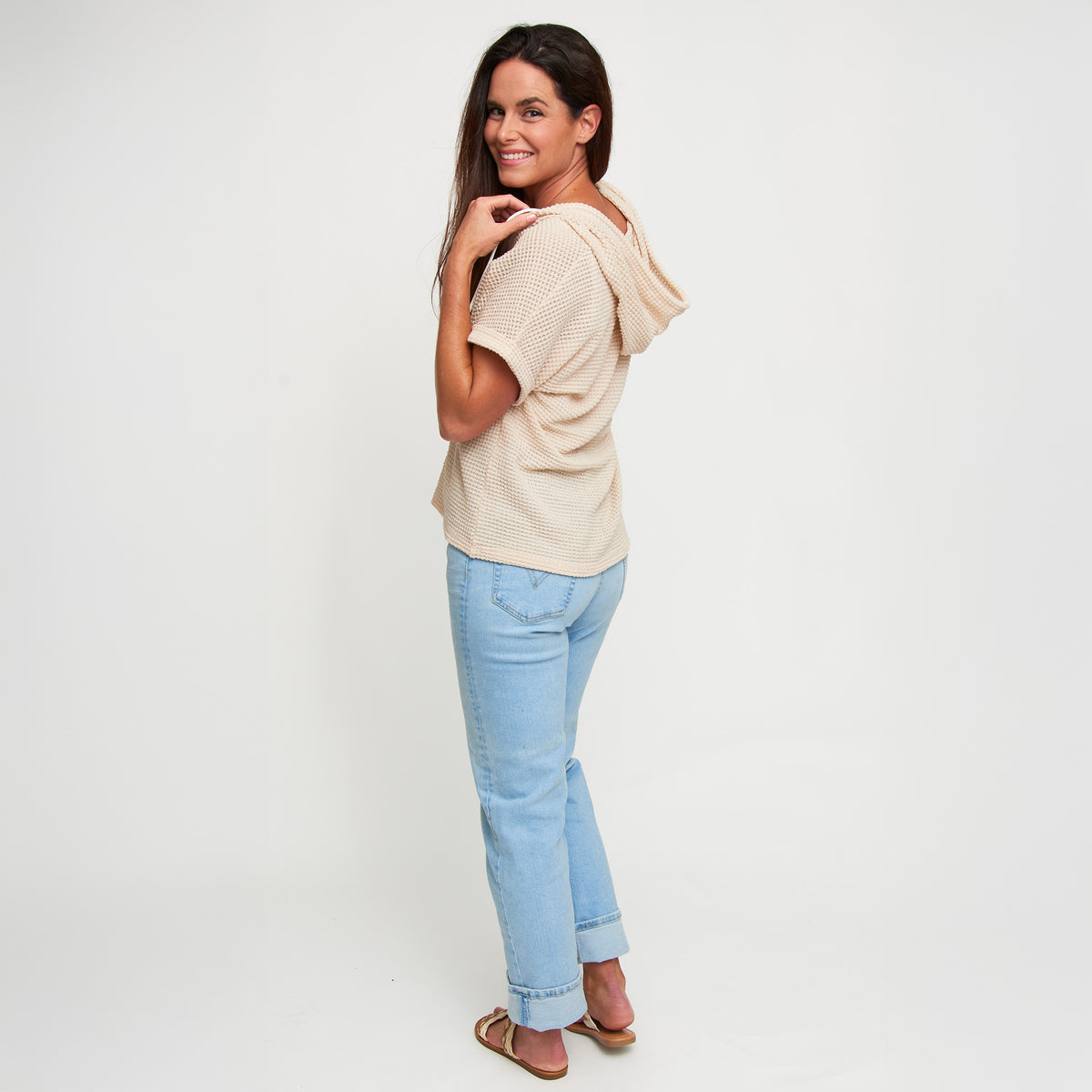 Hoodie Top Carlie Waffle Knit Short Sleeve Shirt with Hood