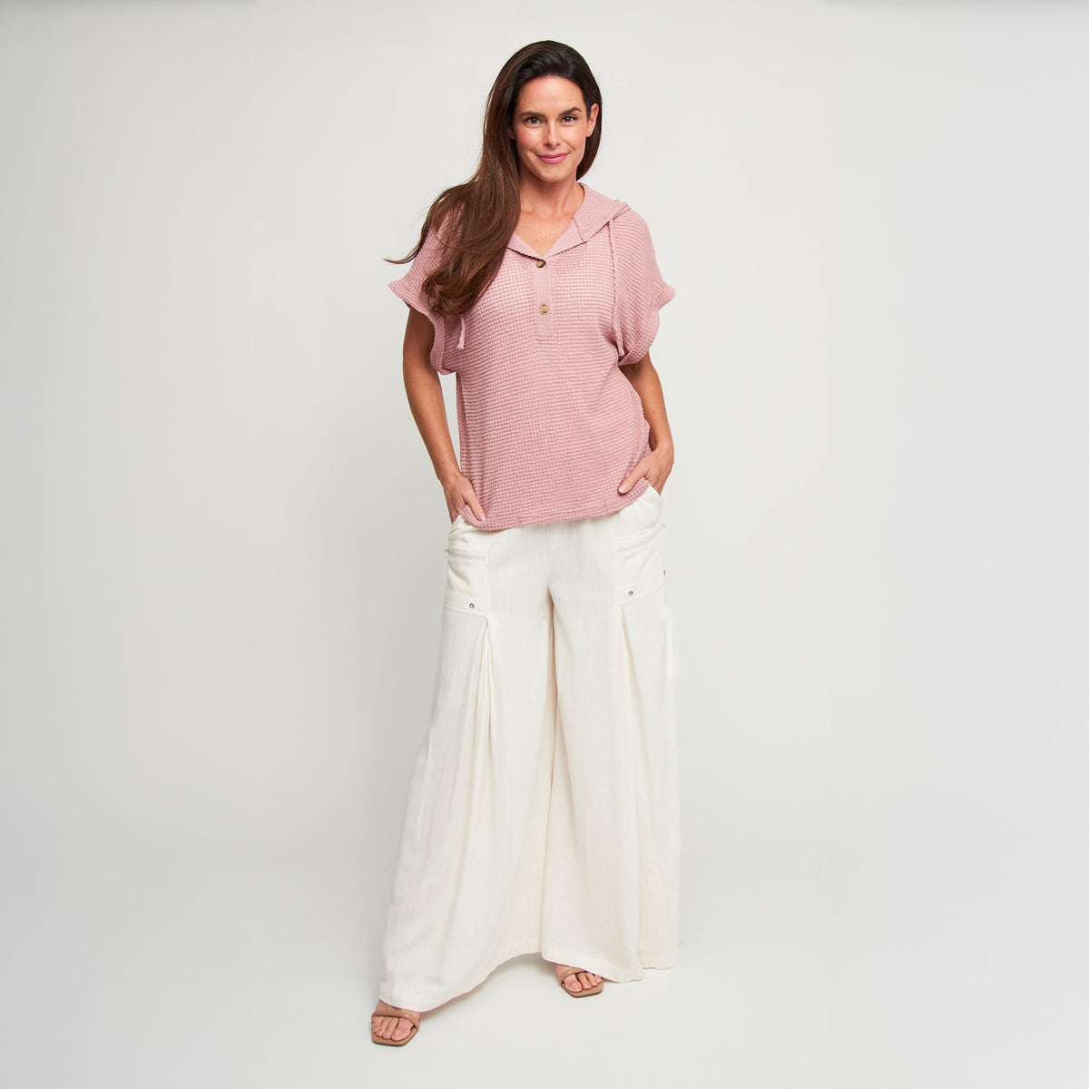 Hoodie Top Carlie Waffle Knit Short Sleeve Shirt with Hood