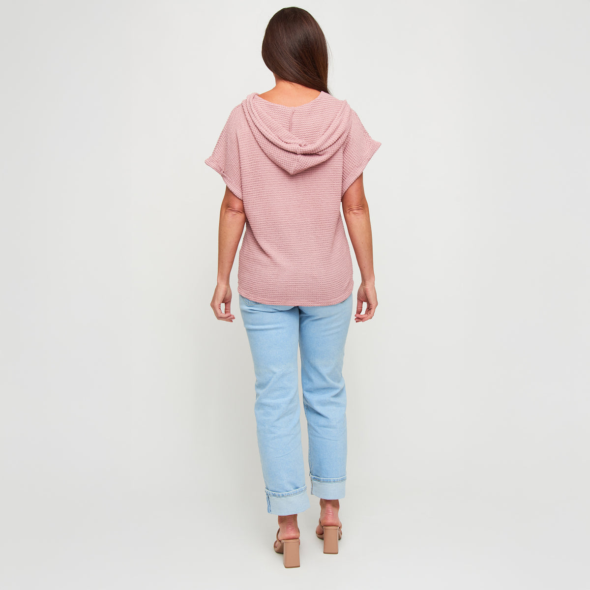 Hoodie Top Carlie Waffle Knit Short Sleeve Shirt with Hood