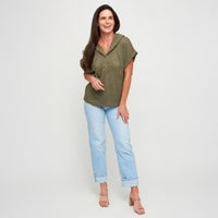 Hoodie Top Carlie Waffle Knit Short Sleeve Shirt with Hood