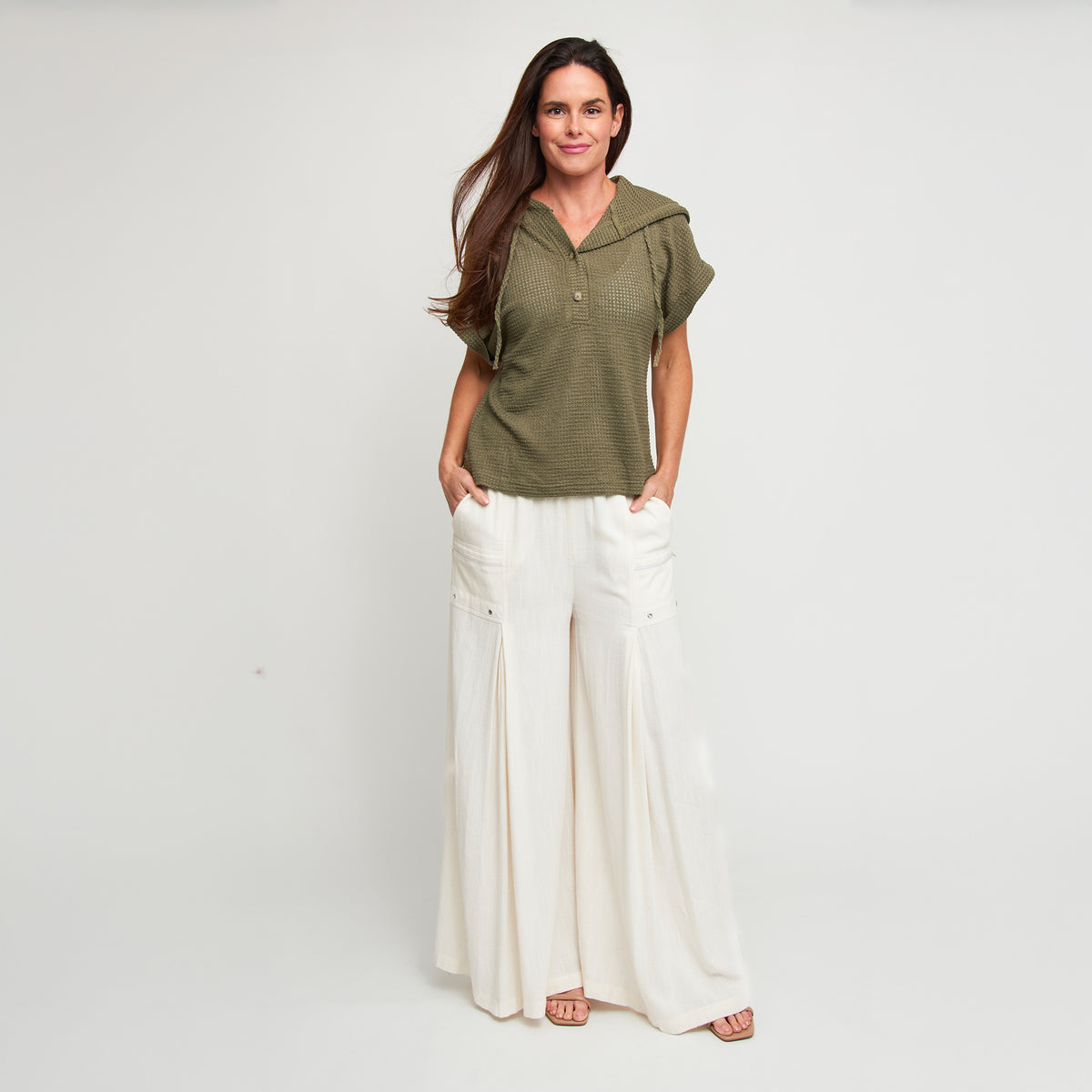 Hoodie Top Carlie Waffle Knit Short Sleeve Shirt with Hood