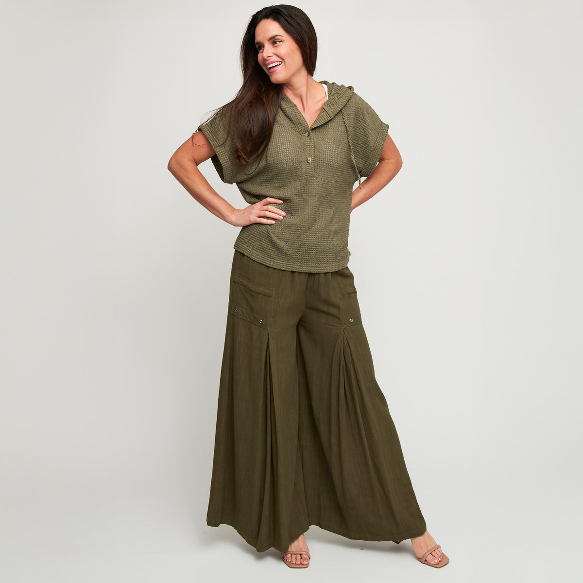 Hoodie Top Carlie Waffle Knit Short Sleeve Shirt with Hood